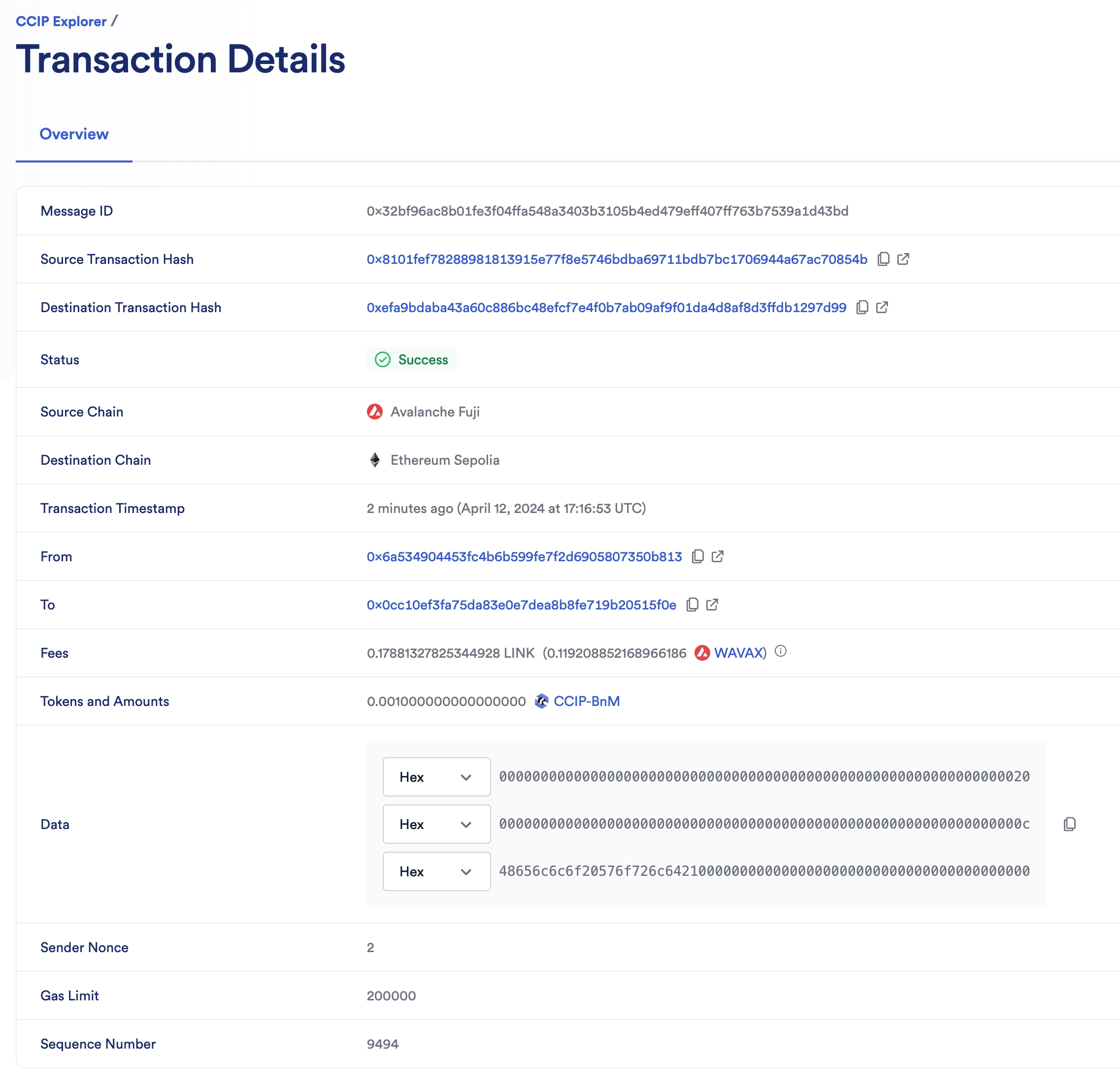 Chainlink CCIP Explorer transaction details success